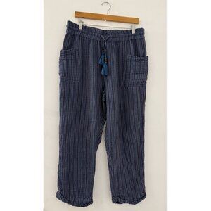 Sundance Navy Blue Stripe Cotton Roll Tab Drawstring Bohemian Pants size large